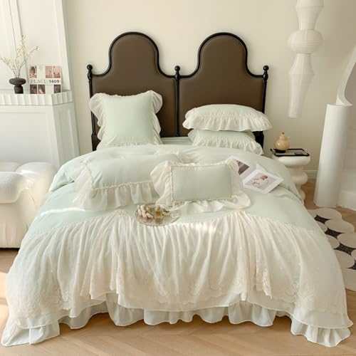 IHOUSTRIY Lace Duvet Cover Twin Set with Zipper Green