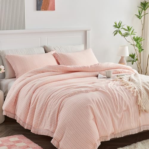 DECMAY Light Pink Twin Comforter Set with Tassels and Pillowcase