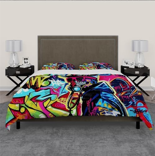 HOBBOY Hip Hop Graffiti Duvet Cover Set Twin XL with Zipper and Pillowcases
