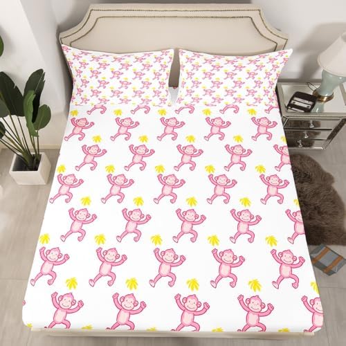 Feelyou Pink Monkey Bed Sheets Set for Kids