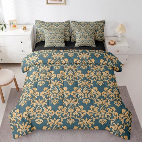 Erosebridal Damask Comforter Set Twin - Golden Teal 1