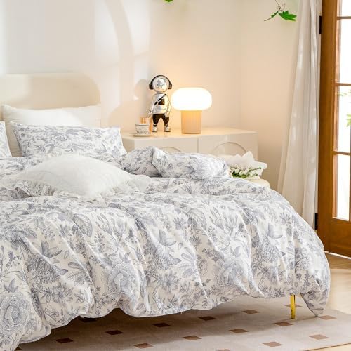JETAYU Floral Microfiber Duvet Cover Set - Queen 3 Piece with Zipper