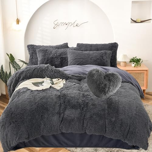 MorroMorn 5 PCS Shaggy Duvet Cover Bedding Set - Grey FullQueen 1