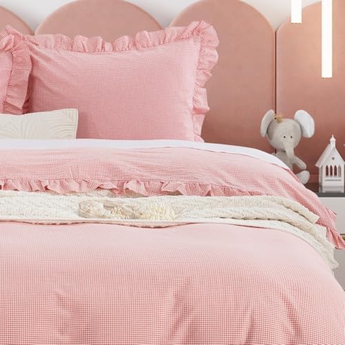 DAUAOTO Duvet Cover Set with Ruffle 100 Cotton Checkered Gingham Pink