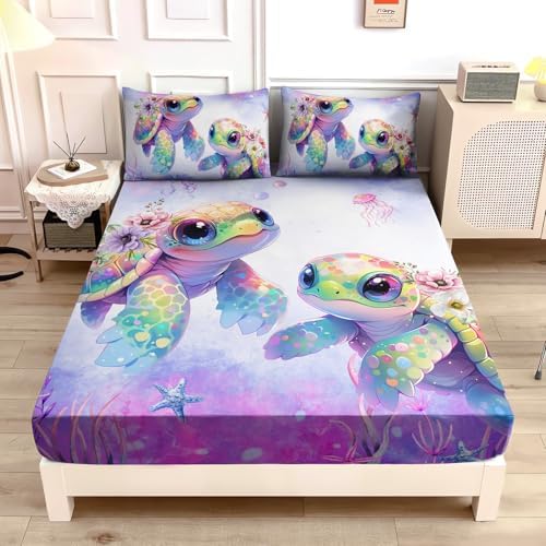 Kids Sea Turtle Twin Fitted Sheet Set with Pillowcases