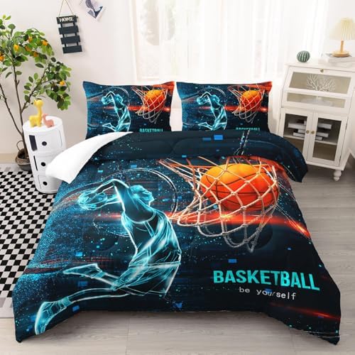 Sports Comforter Set Boys Basketball Full Size Blue Black