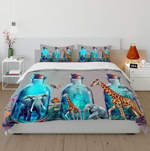 Kids Duvet Cover Set with Elephant Giraffe Pattern 3 Pieces