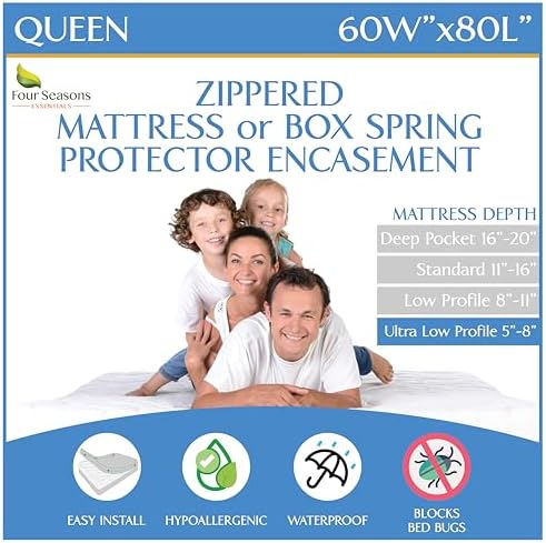 Four Seasons Essentials Queen Size Mattress Encasement - Waterproof Zippered Protector