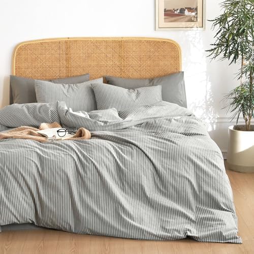 Wake In Cloud Striped Cotton Duvet Cover Set - Grey Twin Size