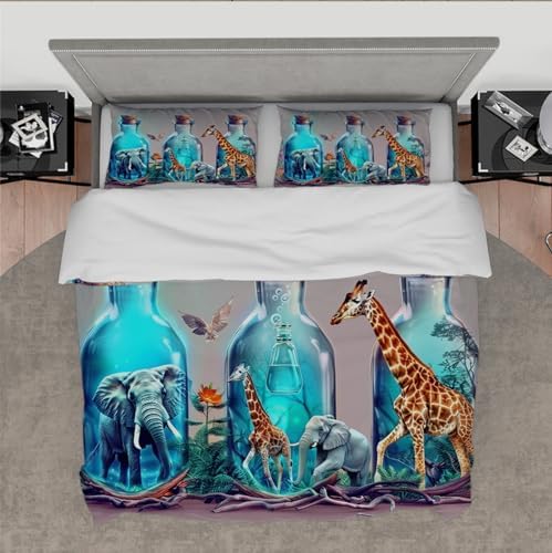 Kids Duvet Cover Set with Elephant Giraffe Pattern 3 Pieces
