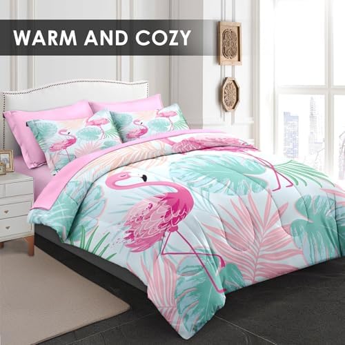 Pamnest Queen Comforter Set 7 Pcs Tropical Flamingo Pink