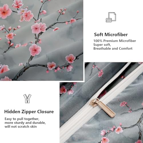 CCoutueChen Grey Pink Cherry Blossom Duvet Cover Set