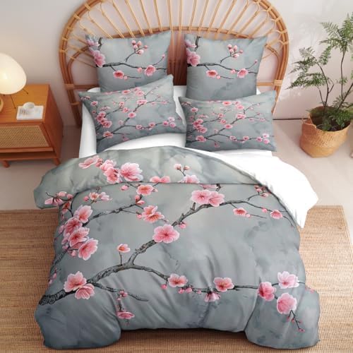 CCoutueChen Grey Pink Cherry Blossom Duvet Cover Set