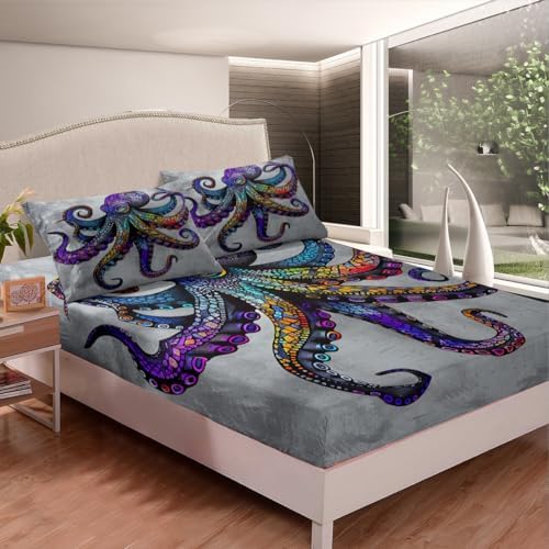 Feelyou Octopus Bed Sheet Set with Boho Purple Kraken Print