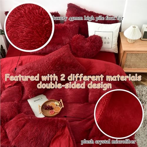 MorroMorn Luxury Shag Fluffy Duvet Cover Set - 5 Pcs Red