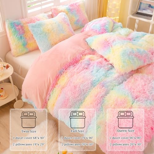 ZRNBAST Shaggy Duvet Cover Set Twin Rainbow Tie Dye Faux Fur 1