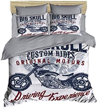 OZINCI 3D Motorcycle Duvet Cover Set Grey White Queen Size