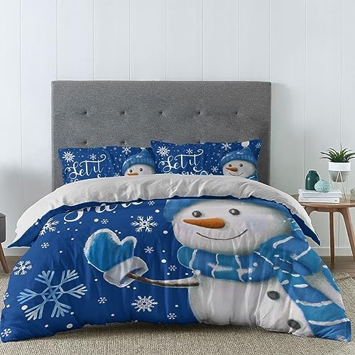 LooPoP Christmas Duvet Set 3Pc Blue Snowman Snowflake California King