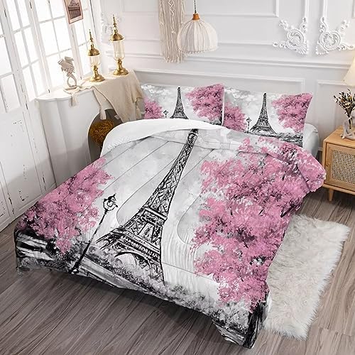 Kxry Pink Paris Comforter Set Queen Size