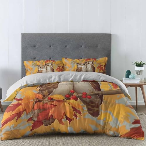 LooPoP Fall Duvet Cover Set 3 Pieces Owl Pattern Twin Size