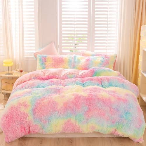ZRNBAST Shaggy Duvet Cover Set Twin Rainbow Tie Dye Faux Fur 1