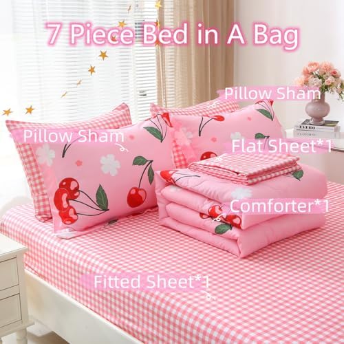 Gusuhome Girls Pink Cherry Comforter Bedding Set 7 Piece