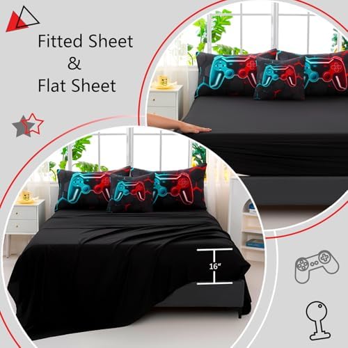 Gamer Twin Comforter Set Teal Red 6-Piece Bed in a Bag
