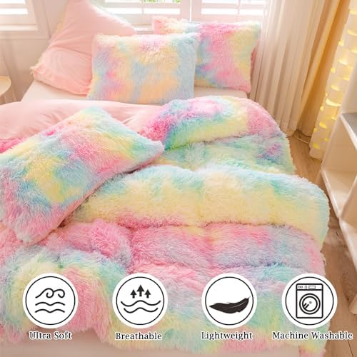 ZRNBAST Shaggy Duvet Cover Set Twin Rainbow Tie Dye Faux Fur 1