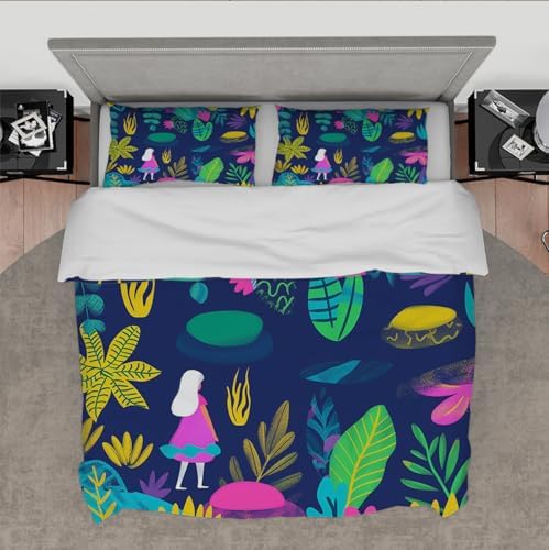 LINGINkevin Cute Cartoon Tropical Plants Duvet Cover Set 3 Piece