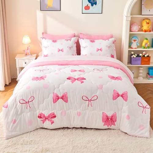 Wajade 7-Piece Pink Bow Comforter Set for Girls