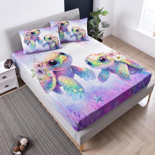 Kids Sea Turtle Twin Fitted Sheet Set with Pillowcases