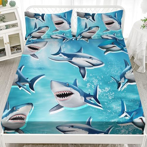 HOSIMA Teens Shark Print Fitted Sheet Set Twin