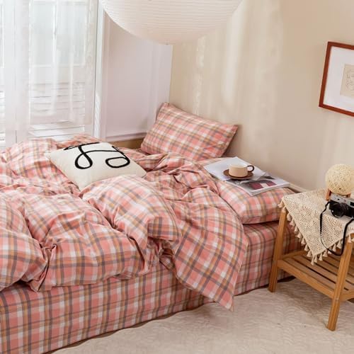 BuLuTu Pink Gingham Duvet Cover Set Twin