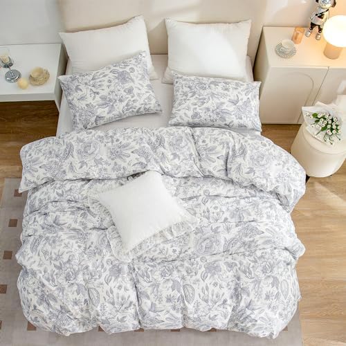 JETAYU Floral Microfiber Duvet Cover Set - Queen 3 Piece with Zipper