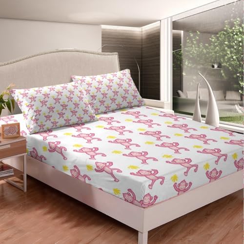 Feelyou Pink Monkey Bed Sheets Set for Kids