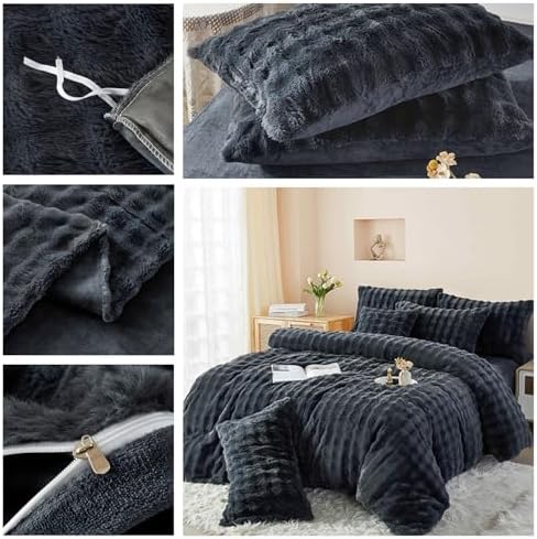 YASMENG Fluffy Faux Rabbit Fur Duvet Cover Set Queen Size Grey