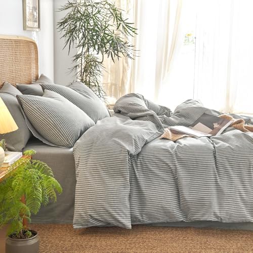 Wake In Cloud Striped Cotton Duvet Cover Set - Grey Twin Size