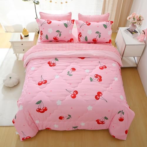 Gusuhome Girls Pink Cherry Comforter Bedding Set 7 Piece