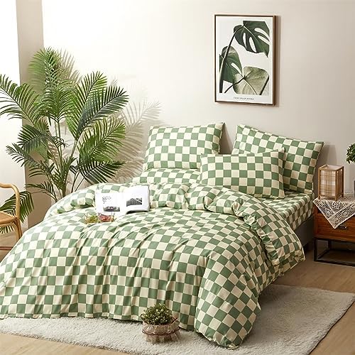 Houseri Plaid Green and White Duvet Cover Queen Size Set