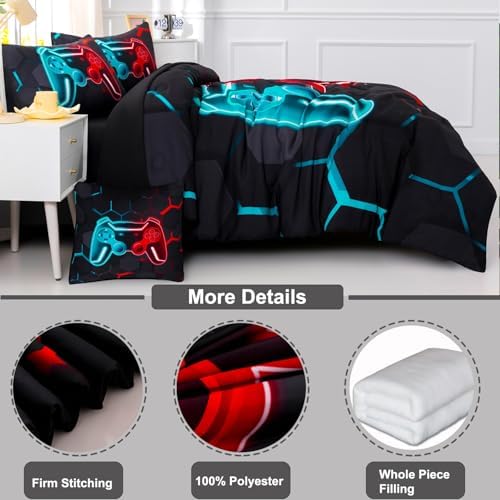 Gamer Twin Comforter Set Teal Red 6-Piece Bed in a Bag