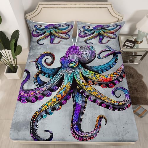 Feelyou Octopus Bed Sheet Set with Boho Purple Kraken Print