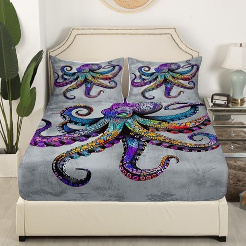 Feelyou Octopus Bed Sheet Set with Boho Purple Kraken Print