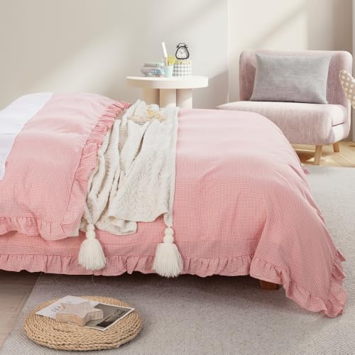 DAUAOTO Duvet Cover Set with Ruffle 100 Cotton Checkered Gingham Pink
