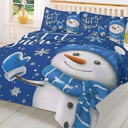 LooPoP Christmas Duvet Set 3Pc Blue Snowman Snowflake California King