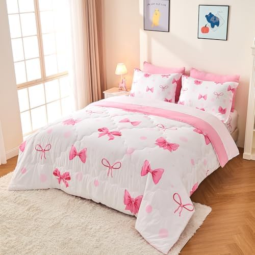 Wajade 7-Piece Pink Bow Comforter Set for Girls