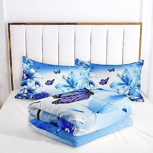 AILONEN Butterfly Comforter Set Twin Size Blue Lily Flowers 1