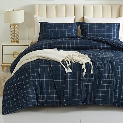Andency Navy Grid Comforter Set Twin Size 2 Pieces