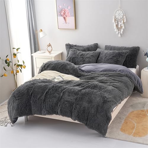 MorroMorn 5 PCS Shaggy Duvet Cover Bedding Set - Grey FullQueen 1