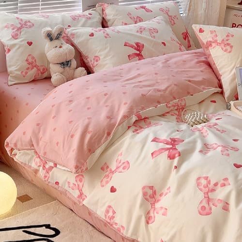 Erwinmu Queen Duvet Cover Set Pink Bow Ties Heart Reversible