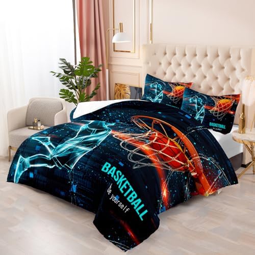 Sports Comforter Set Boys Basketball Full Size Blue Black